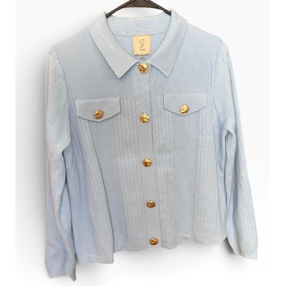 Sioni Light Blue Ribbed Knit Cardigan Gold Hammered Button Sweater Jacket Medium